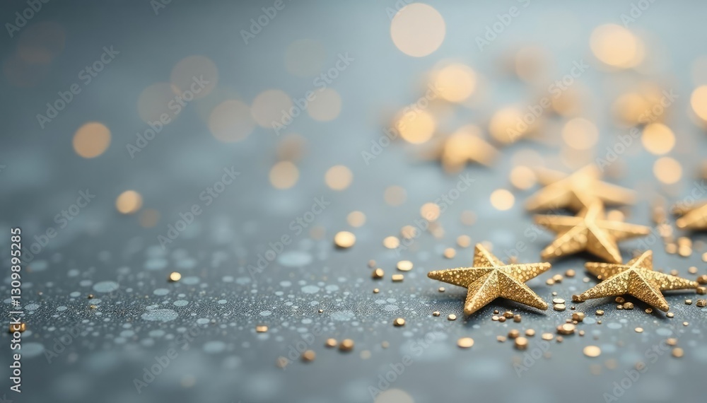 Sparkling gold confetti scattered on a grey winter wonderland background, holiday decoration, sparkling decor, winter wonderland Sparkling gold confetti scattered on a grey winter wonderland background, holiday decoration, sparkling decor, winter wonderland
