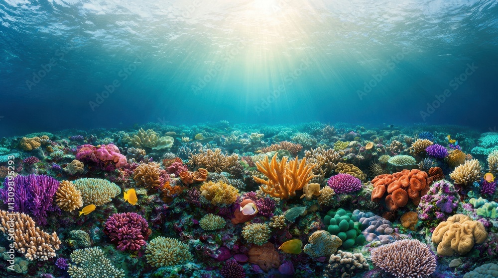Naklejka premium Vibrant Underwater Coral Reef with Sunlight and Colorful Fish