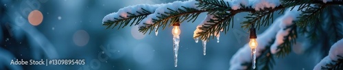 Sparkling icicle lights dangling from a snow-covered fir branch, frosty, twiggy