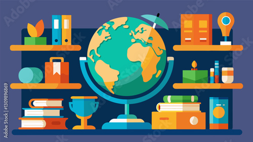 A globe stands on a cluttered bookshelf surrounded by unique trinkets and knickknacks gathered from various thrift stores.. Vector illustration