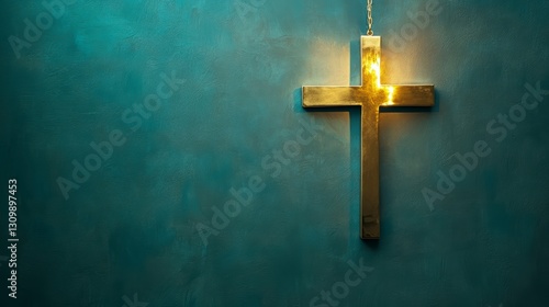 Illuminated gold cross on teal wall. Possible use Religious stock photo