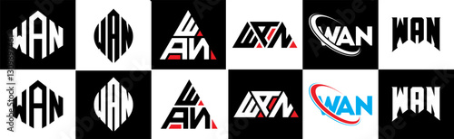 WAN letter logo design in six style. WAN polygon, circle, triangle, hexagon, flat and simple style with black and white color variation letter logo set in one artboard. WAN minimalist and classic logo