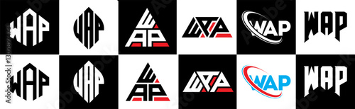 WAP letter logo design in six style. WAP polygon, circle, triangle, hexagon, flat and simple style with black and white color variation letter logo set in one artboard. WAP minimalist and classic logo