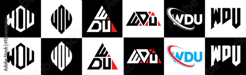 WDU letter logo design in six style. WDU polygon, circle, triangle, hexagon, flat and simple style with black and white color variation letter logo set in one artboard. WDU minimalist and classic logo