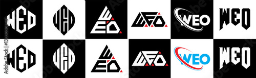 WEO letter logo design in six style. WEO polygon, circle, triangle, hexagon, flat and simple style with black and white color variation letter logo set in one artboard. WEO minimalist and classic logo