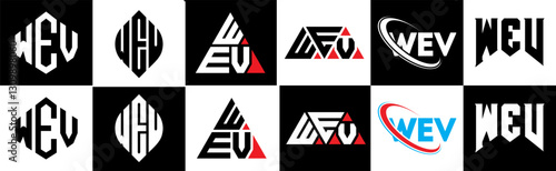 WEV letter logo design in six style. WEV polygon, circle, triangle, hexagon, flat and simple style with black and white color variation letter logo set in one artboard. WEV minimalist and classic logo
