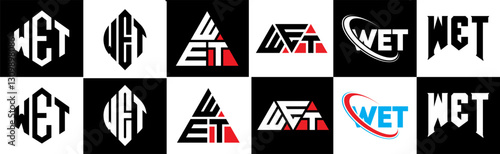 WET letter logo design in six style. WET polygon, circle, triangle, hexagon, flat and simple style with black and white color variation letter logo set in one artboard. WET minimalist and classic logo