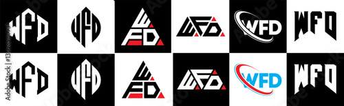 WFD letter logo design in six style. WFD polygon, circle, triangle, hexagon, flat and simple style with black and white color variation letter logo set in one artboard. WFD minimalist and classic logo