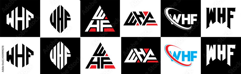 WHF letter logo design in six style. WHF polygon, circle, triangle, hexagon, flat and simple style with black and white color variation letter logo set in one artboard. WHF minimalist and classic logo WHF letter logo design in six style. WHF polygon, circle, triangle, hexagon, flat and simple style with black and white color variation letter logo set in one artboard. WHF minimalist and classic logo