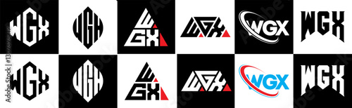 WGX letter logo design in six style. WGX polygon, circle, triangle, hexagon, flat and simple style with black and white color variation letter logo set in one artboard. WGX minimalist and classic logo