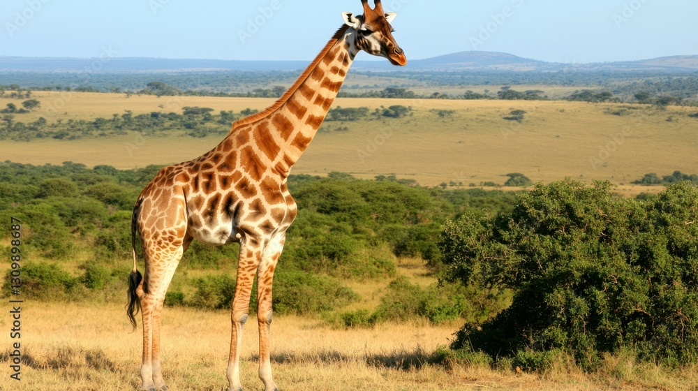 Obraz premium Majestic Giraffe in the Savannah: Capture the towering presence of a giraffe, gracefully surveying the vast African savannah landscape under a clear blue sky.