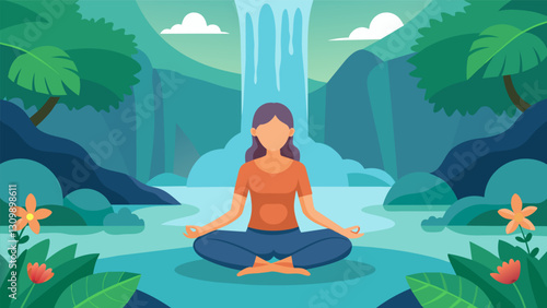 The soothing sounds of a waterfall and the gentle mist on your skin as you practice yoga in a virtual rainforest setting.. Vector illustration