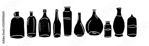 A set of black bottles. hand drawing. Not AI, Vector illustration