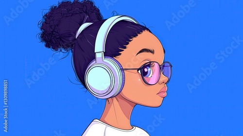 Girl listening to music with headphones and glasses.