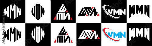 WMN letter logo design in six style. WMN polygon, circle, triangle, hexagon, flat and simple style with black and white color variation letter logo set in one artboard. WMN minimalist and classic logo