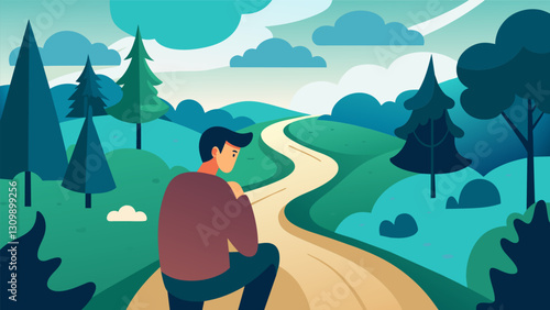 The serene atmosphere of the forest envelops a pensive thinker lost in the twists and turns of the philosophers walk.. Vector illustration