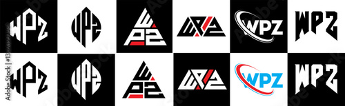 WPZ letter logo design in six style. WPZ polygon, circle, triangle, hexagon, flat and simple style with black and white color variation letter logo set in one artboard. WPZ minimalist and classic logo