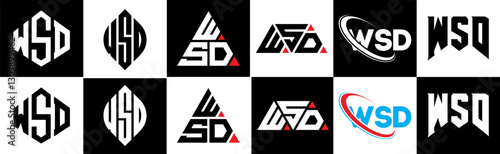 WSD letter logo design in six style. WSD polygon, circle, triangle, hexagon, flat and simple style with black and white color variation letter logo set in one artboard. WSD minimalist and classic logo
