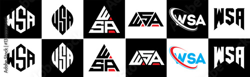WSA letter logo design in six style. WSA polygon, circle, triangle, hexagon, flat and simple style with black and white color variation letter logo set in one artboard. WSA minimalist and classic logo