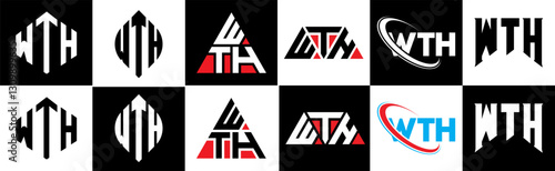 WTH letter logo design in six style. WTH polygon, circle, triangle, hexagon, flat and simple style with black and white color variation letter logo set in one artboard. WTH minimalist and classic logo