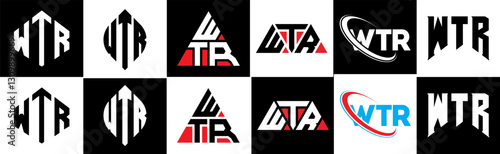 WTR letter logo design in six style. WTR polygon, circle, triangle, hexagon, flat and simple style with black and white color variation letter logo set in one artboard. WTR minimalist and classic logo