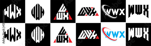 WWX letter logo design in six style. WWX polygon, circle, triangle, hexagon, flat and simple style with black and white color variation letter logo set in one artboard. WWX minimalist and classic logo