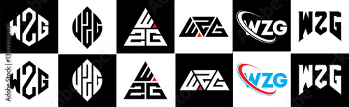 WZG letter logo design in six style. WZG polygon, circle, triangle, hexagon, flat and simple style with black and white color variation letter logo set in one artboard. WZG minimalist and classic logo