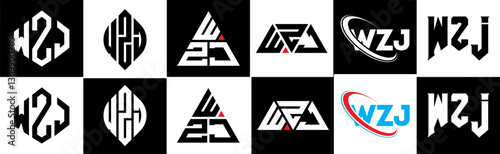 WZJ letter logo design in six style. WZJ polygon, circle, triangle, hexagon, flat and simple style with black and white color variation letter logo set in one artboard. WZJ minimalist and classic logo