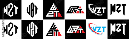 WZT letter logo design in six style. WZT polygon, circle, triangle, hexagon, flat and simple style with black and white color variation letter logo set in one artboard. WZT minimalist and classic logo