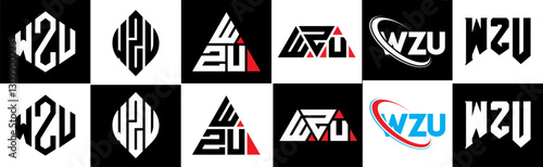 WZU letter logo design in six style. WZU polygon, circle, triangle, hexagon, flat and simple style with black and white color variation letter logo set in one artboard. WZU minimalist and classic logo