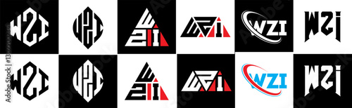 WZI letter logo design in six style. WZI polygon, circle, triangle, hexagon, flat and simple style with black and white color variation letter logo set in one artboard. WZI minimalist and classic logo
