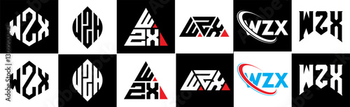WZX letter logo design in six style. WZX polygon, circle, triangle, hexagon, flat and simple style with black and white color variation letter logo set in one artboard. WZX minimalist and classic logo