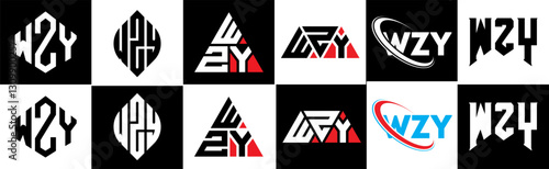 WZY letter logo design in six style. WZY polygon, circle, triangle, hexagon, flat and simple style with black and white color variation letter logo set in one artboard. WZY minimalist and classic logo