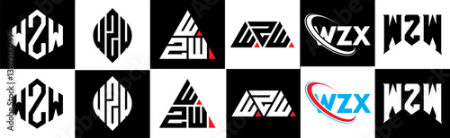 WZW letter logo design in six style. WZW polygon, circle, triangle, hexagon, flat and simple style with black and white color variation letter logo set in one artboard. WZW minimalist and classic logo