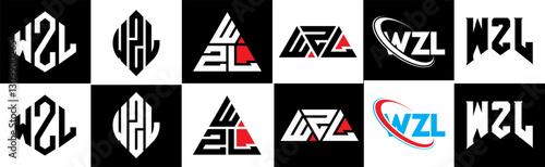 WZL letter logo design in six style. WZL polygon, circle, triangle, hexagon, flat and simple style with black and white color variation letter logo set in one artboard. WZL minimalist and classic logo