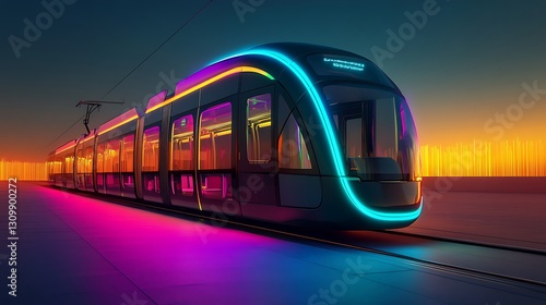 Futuristic neon tram at night, glowing cityscape background