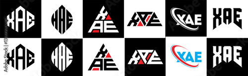 XAE letter logo design in six style. XAE polygon, circle, triangle, hexagon, flat and simple style with black and white color variation letter logo set in one artboard. XAE minimalist and classic logo