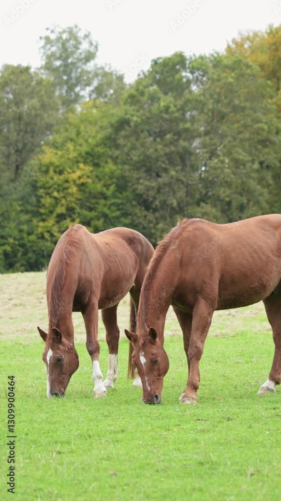 Two domestic brown horses grazing in a meadow on a pasture in the rural countryside with trees in the background, vertical video Two domestic brown horses grazing in a meadow on a pasture in the rural countryside with trees in the background, vertical video