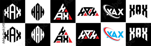 XAX letter logo design in six style. XAX polygon, circle, triangle, hexagon, flat and simple style with black and white color variation letter logo set in one artboard. XAX minimalist and classic logo