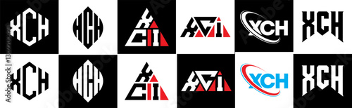XCH letter logo design in six style. XCH polygon, circle, triangle, hexagon, flat and simple style with black and white color variation letter logo set in one artboard. XCH minimalist and classic logo