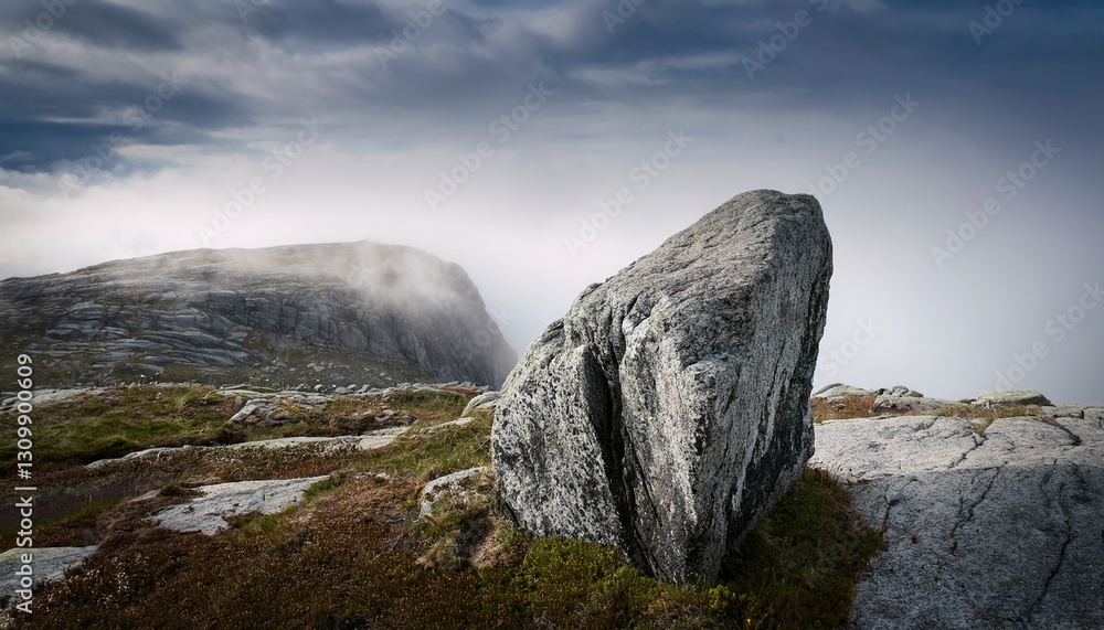 big stone in the mountain of tydal trondheim foggy weather big stone in the mountain of tydal trondheim foggy weather