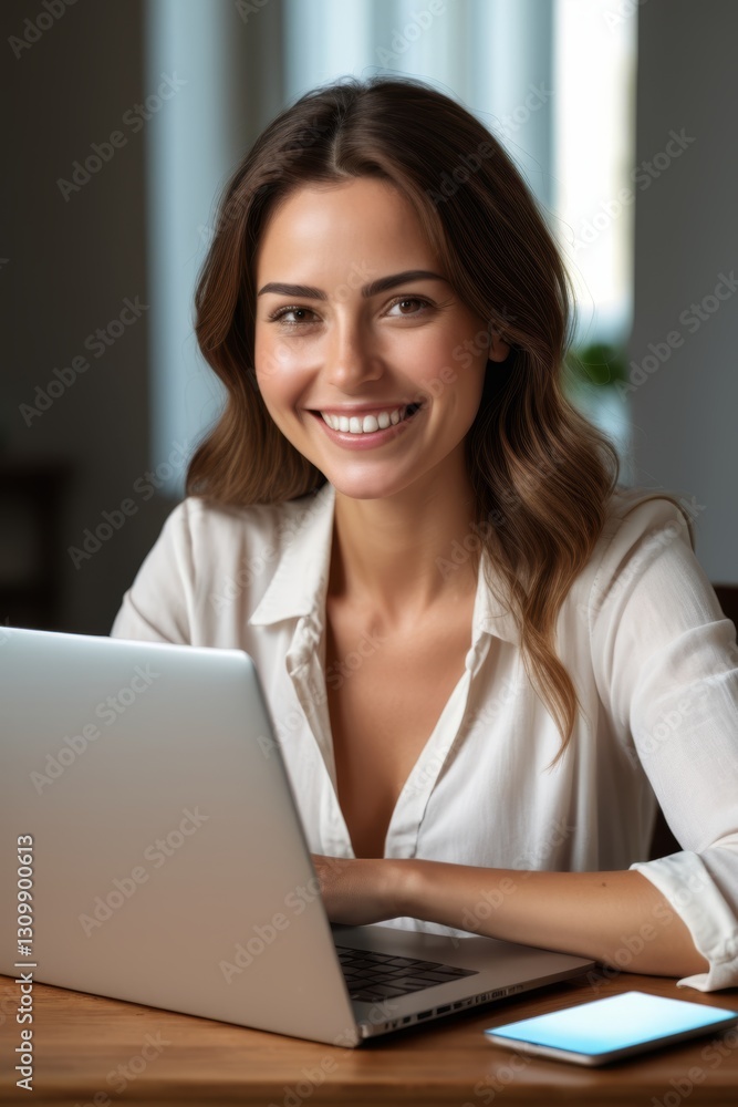 Naklejka premium smiling woman sitting at a table with a laptop computer