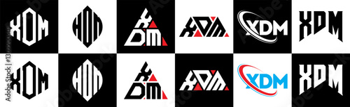XDM letter logo design in six style. XDM polygon, circle, triangle, hexagon, flat and simple style with black and white color variation letter logo set in one artboard. XDM minimalist and classic logo