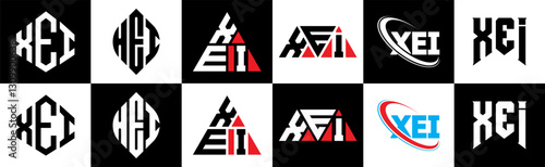 XEI letter logo design in six style. XEI polygon, circle, triangle, hexagon, flat and simple style with black and white color variation letter logo set in one artboard. XEI minimalist and classic logo