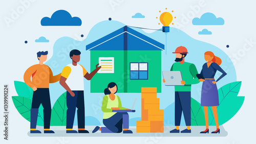 Through interactive workshops participants learn about the benefits of prefabricated construction and how it can save both time and money on building. Vector illustration