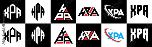 XPA letter logo design in six style. XPA polygon, circle, triangle, hexagon, flat and simple style with black and white color variation letter logo set in one artboard. XPA minimalist and classic logo