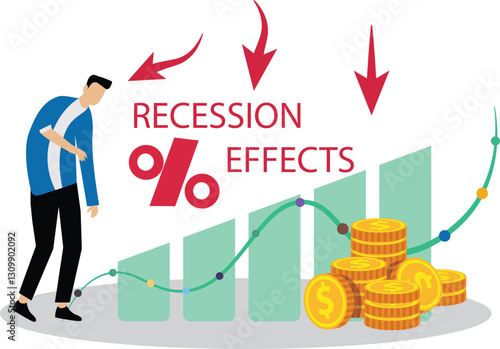 Inflation rises due to monetary value growth illustration. Impact on economic growth or recession