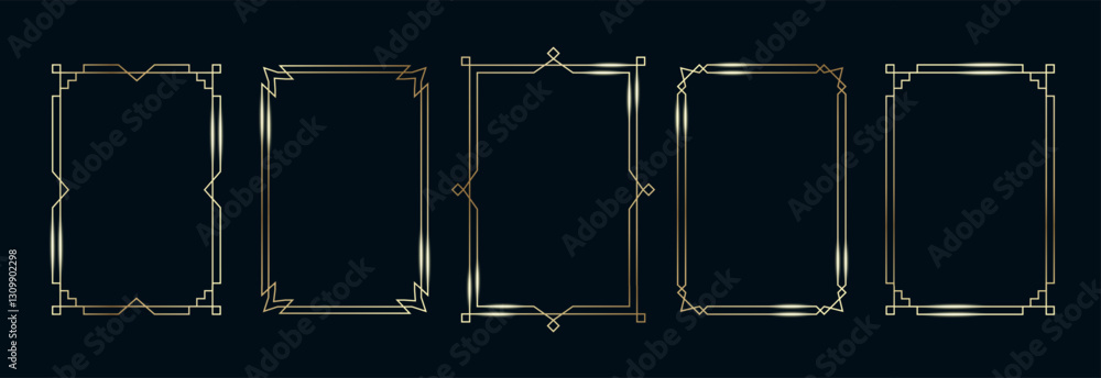 Golden Frames Set. Thin Line Gold Borders Luxury Minimalist Collection. Premium Vector Brass Outline Geometric Rectangles. Linear Decorative Banners with Black Background Isolated