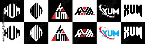 XUM letter logo design in six style. XUM polygon, circle, triangle, hexagon, flat and simple style with black and white color variation letter logo set in one artboard. XUM minimalist and classic logo