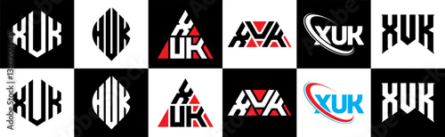 XUK letter logo design in six style. XUK polygon, circle, triangle, hexagon, flat and simple style with black and white color variation letter logo set in one artboard. XUK minimalist and classic logo